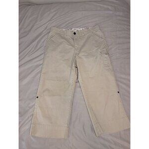 Lee Comfort Waistband Cargo Capri Pants Womens S 12 Khaki Beige Stretch Roll Tab